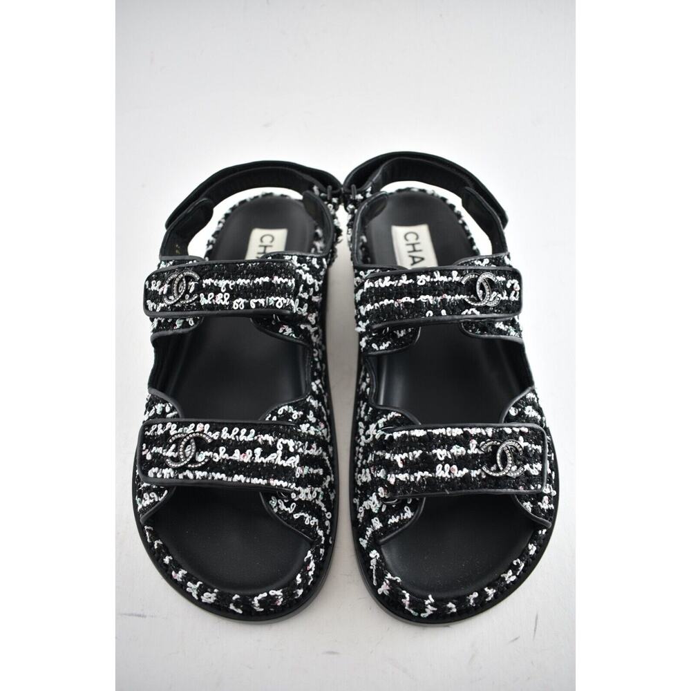 Chanel 22C Black White Tweed CC Logo Mule Slide Strap Flat Dad Teva Sandal 38.5 - Picture 8 of 11